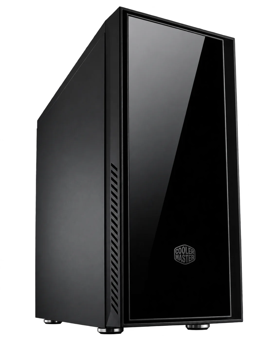 Boîtier de PC tour noir de la marque Cooler Master, avec une façade avant en verre noir brillant et des grilles d'aération sur le côté, photographié sur fond blanc.