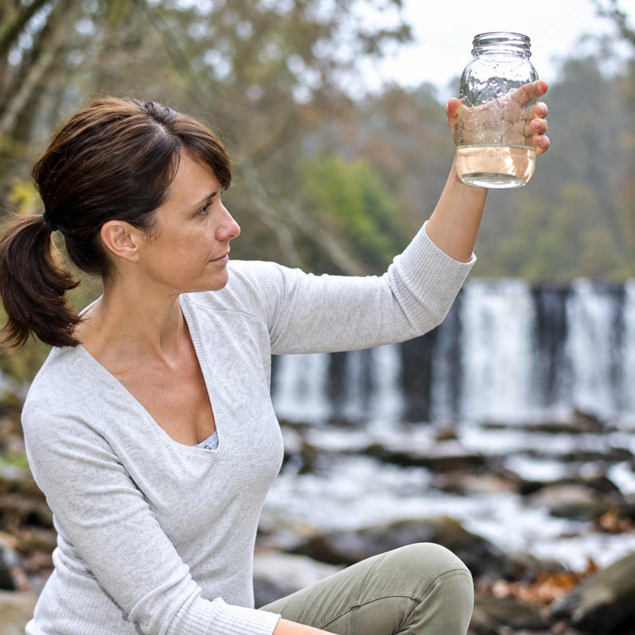 Une femme accroupie au bord d’une rivière lève un bocal en verre rempli d’eau pour l’examiner, avec une cascade en arrière-plan.